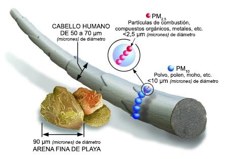 Partículas inhalables tienen diámetros de 10 micrómetros y menores.